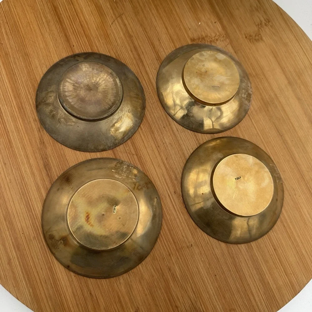 Vintage Korean Brass Dish Embossed  Small Trinket Bowl Set Of 4 Crane Deer